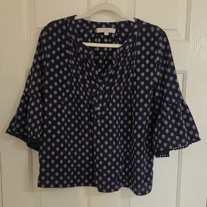 LOFT Navy Diamond-Print Flutter Sleeve Blouse